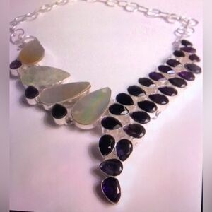 Amethyst Mother of Pearl Stamped 925 Sterling Silver Necklace